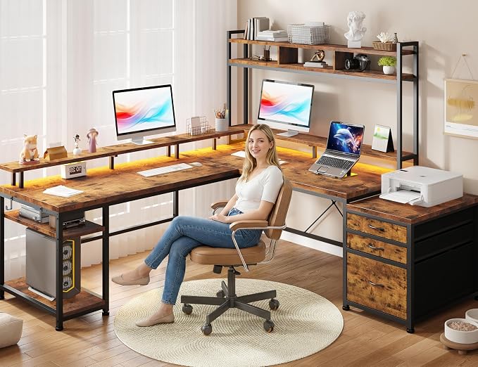 EnHomee 64 x 60 Inch Reversible L Shaped Gaming Desk with Shelves, 3 Drawers, Power Outlet & LED Lights, Two Person Corner Computer Desk with Monitor Stand for Home Office, Bedroom, Gaming Room