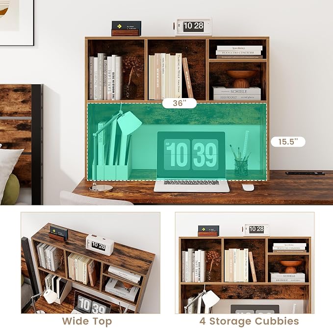 GOFLAME 4 Cubes Desktop Bookshelf, 37” Tabletop Wood Desk Shelf for Computer Monitor, Modern Countertop Desk Display Hutch Storage Organizer Shelf for Home Office, Dorm, Study, Rustic Brown