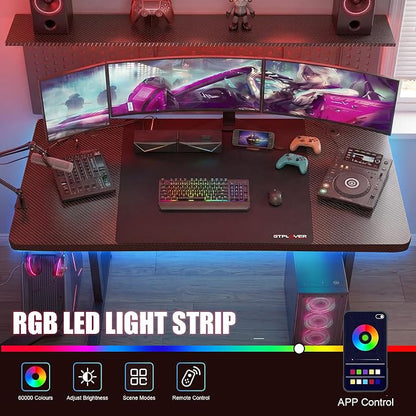 GTPLAYER Gaming Desk 55 Inch with LED Lights, Large Computer Desk with Mouse Pad for Home Office, T-Shaped Carbon Fibre Surface PC Game Workstations with Headphone Hook