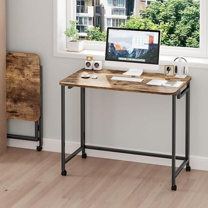 JSB Folding Desk for Small Spaces,Mobile Portable Rolling Laptop PC Table on Wheels,Foldable Computer Desk for Home Office,Bedroom,Dorm,Space Saving (Rustic & Brown, 27.6")