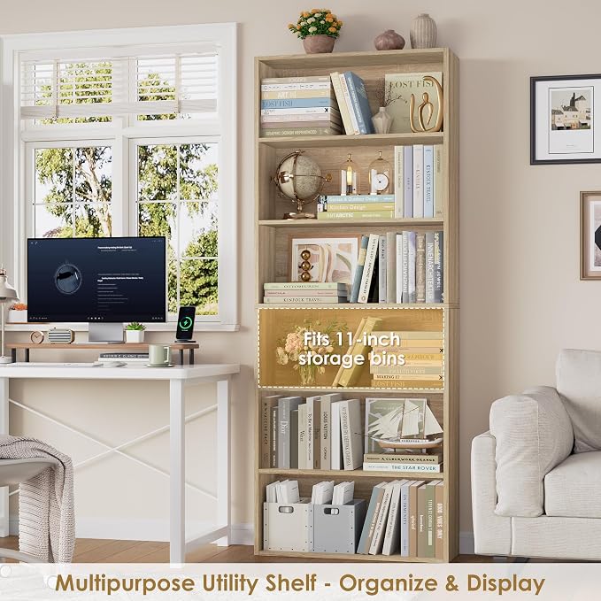 FOTOSOK 6-Tier Open Bookcase and Bookshelf, Freestanding Display Storage Shelves Tall Bookcase for Bedroom, Living Room and Office, Light Oak
