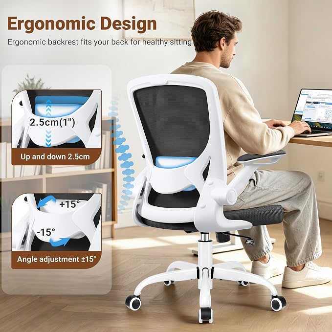BESTFAIR Ergonomic Office Chair, Mesh Computer Chairs with Lumbar Support, Swivel Desk Chair with Flip-up Arms and Adjustable Height, White