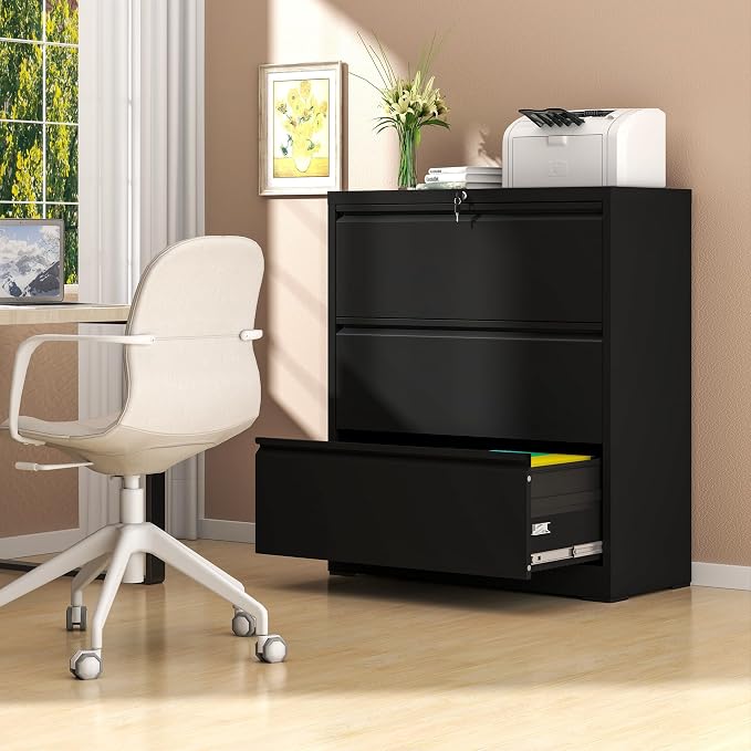 AQY3 Drawer File Cabinet with Lock,Metal Lateral File Cabinets for Home Office,Steel Wide Filing Organization Storage Cabinets for Hanging Files Letter/Legal/F4/A4 Size Assembly Required(Black)