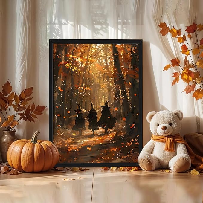 Framed Halloween Witch Wall Art - Autumn Forest Witch Canvas Print, Vintage Gothic Dark Academia Halloween Wall Decor, Spooky Fall Artwork for Bedroom Living Room Home 12x16in Wood Frame