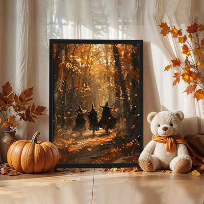 Framed Halloween Witch Wall Art - Autumn Forest Witch Canvas Print, Vintage Gothic Dark Academia Halloween Wall Decor, Spooky Fall Artwork for Bedroom Living Room Home 12x16in Wood Frame