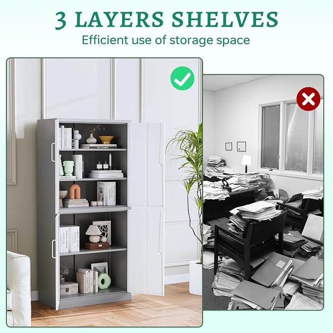 Letaya Metal Storage Cabinet with Lock Door, Adjustable Shelf Steel Cabinets for Office, Home,Pantry,Kitchen,Garage Utility Cabinet (4 Door-White&Gray)