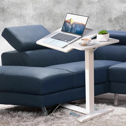 Adjustable Overbed Bedside Table with Hidden Wheels, Pneumatic Tilt Board Rolling Laptop Standing Desk Cart, Mobile Over Bed Sofa Chair Side End Tables, Walnut (White)
