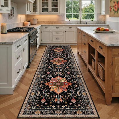 RELEANY Area Rugs Runner 3'x9' Washable Non-Slip, Floral Vintage Distress Medallion Carpet for Kitchen Hallway Bedroom Beside Laundry Room Bathroom, Black Colorful Floral Dark Tan