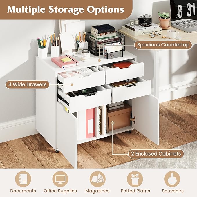 Giantex 4-Drawer File Cabinet, Rolling Printer Stand with 2 Lockable Wheels, Wooden Lateral Filing Cabinet, Load 298 Lbs, Under Desk Craft Storage Organizer for Home Office Organization (White)