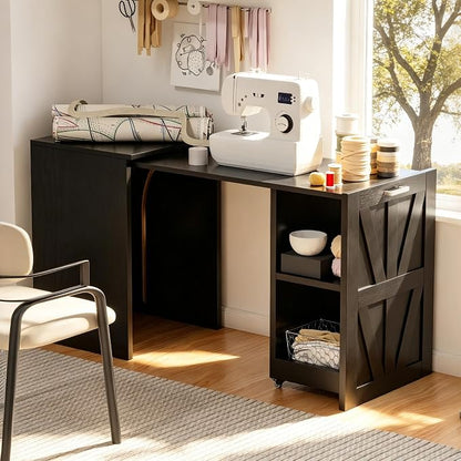 Folding Desk with Storage and Charging Station, Pull-Out Desk Cabinet with Spacious Desktop, Foldable Computer Table for Small Space, Black Oak