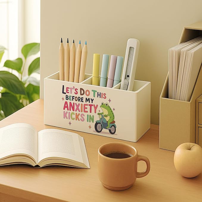 Funny Frog Mental Health Pen Pencil Holder for Desk, Therapy Office Decor, Let's Do This before My Anxiety Kicks in Pencil Holder for Desk Decor, School Counselor Office Must Haves