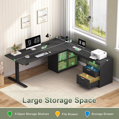 YOMILUVE Farmhouse L Shaped Standing Desk, 66 inch Corner Electric Standing Desk with Drawers ＆ Storage Shelves, Height Adjustable Computer Desk with Power Outlets for Home Office (Black)