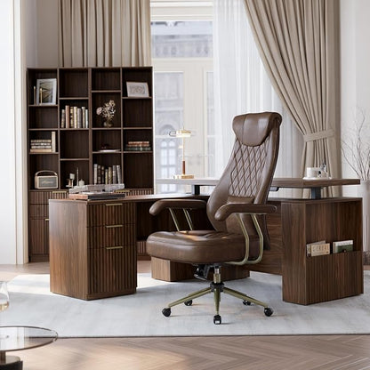 High Back Executive Office Chair, Ergonomic PU Leather Desk Chair with Integrated Headrest, Lumbar Support & Recline Function, Adjustable Swivel Computer Chair for Home Office, Brown