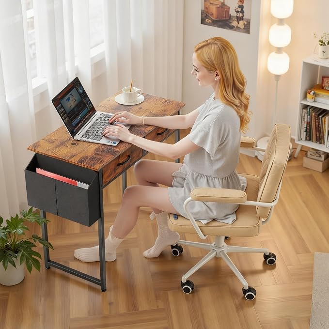 OLIXIS 32 Inch Small Desk with Fabric Drawers for Home Office, Gaming Computer Desk with Side Bag, Headphone Hook Writing Study Work Table for Bedroom Small Sapce, Brown