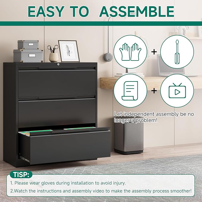 Filing Cabinet with Lock,Lateral File Cabinets 3 Drawer Metal Wide Filing Organization,Home Office School Furniture for Hanging Files Letter/Legal/F4/A4 Size,Black - Assembly Required