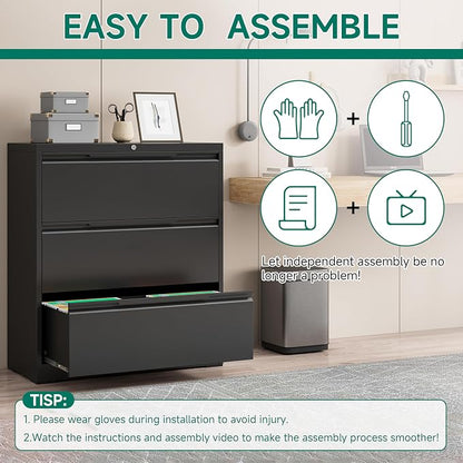 Filing Cabinet with Lock,Lateral File Cabinets 3 Drawer Metal Wide Filing Organization,Home Office School Furniture for Hanging Files Letter/Legal/F4/A4 Size,Black - Assembly Required
