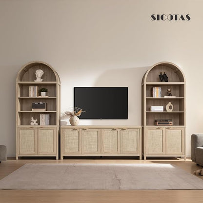SICOTAS Book Shelf Arched Cabinet Bookshelf Arch 84.2" Tall Bookcase 5 Tier Large Bookshelves with Doors Storage Rattan Boho Wide Book Shelves Case for Living Room Kitchen Office Bedroom Library