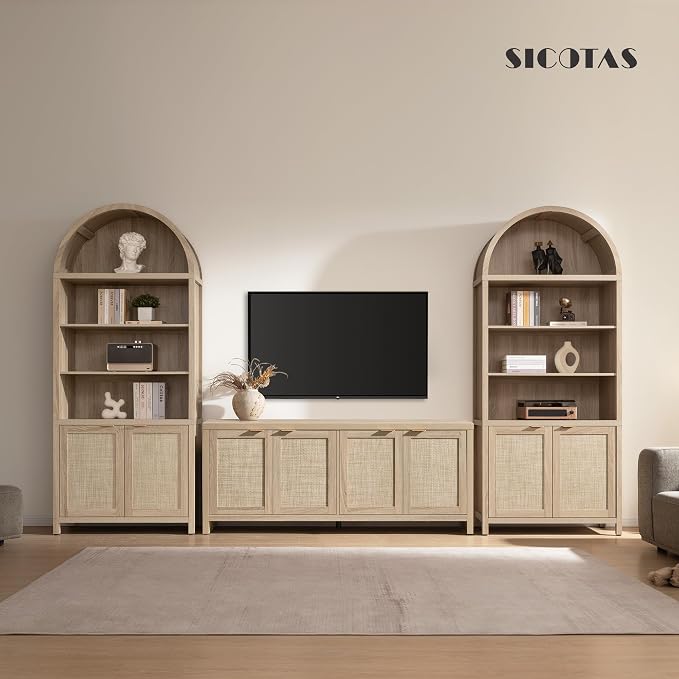 SICOTAS Book Shelf Arched Cabinet Bookshelf Arch 84.2" Tall Bookcase 5 Tier Large Bookshelves with Doors Storage Rattan Boho Wide Book Shelves Case for Living Room Kitchen Office Library