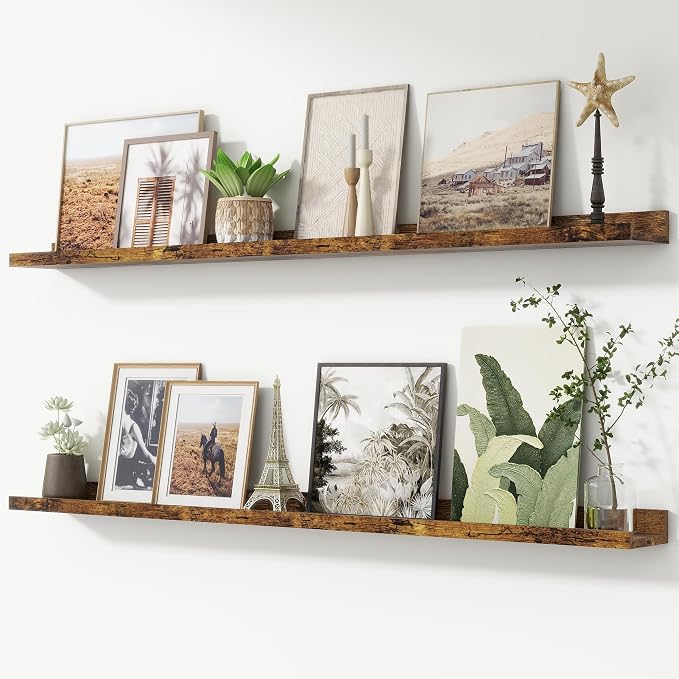 FLYJOE Picture Ledge Shelf, Floating Shelves Set of 2, 52 Inches Nursery Book Shelves for Toys Storage, Kids Bookshelf Wall Mounted for Living Room Bedroom Decor Books Photo Frames, Rustic Brown