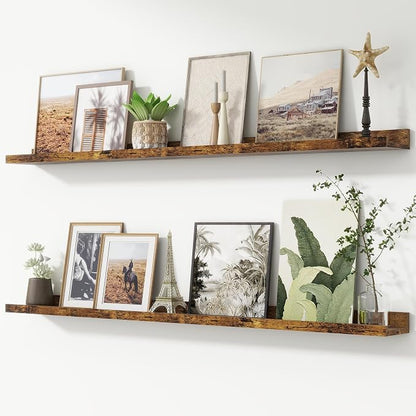 FLYJOE Picture Ledge Shelf, Floating Shelves Set of 2, 52 Inches Nursery Book Shelves for Toys Storage, Kids Bookshelf Wall Mounted for Living Room Bedroom Decor Books Photo Frames, Rustic Brown