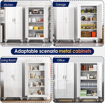 erosoei 61" H Metal Garage Storage Cabinet, Rolling Tool Cabinet with 2 Doors and Wheels, Locker Steel Cabinet with 3 Adjustable Shelves, Organization Cabinet for Garage,Office,Home,Gym,School（White）