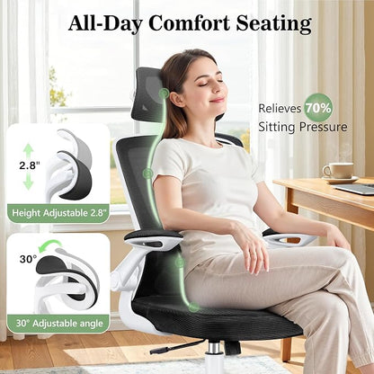 BESTFAIR Office Chair Ergonomic Desk Chair, Breathable Mesh Office Chairs with Adjustable Lumbar Support, Flip-Up Arms, Computer Desk Chair Comfy for Home Office, White