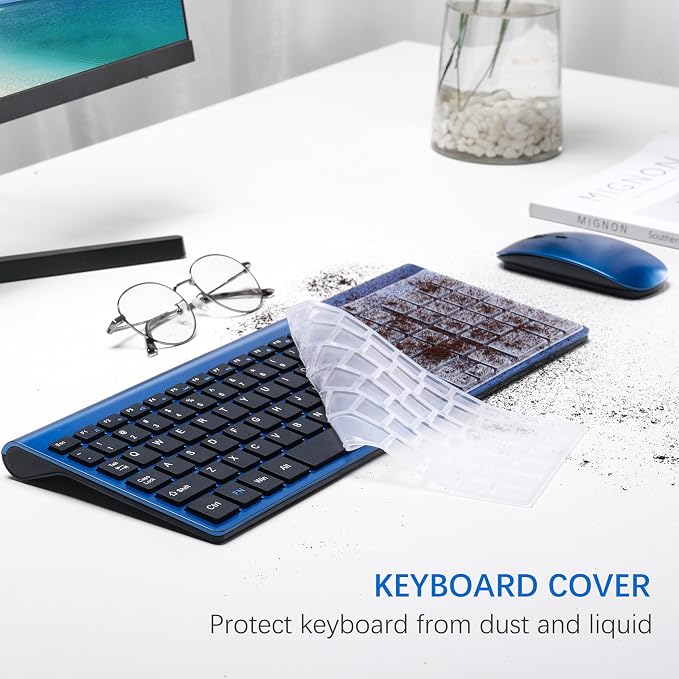 TopMate Wireless Keyboard and Mouse Ultra Slim Combo, 2.4G Silent Compact USB Mouse and Scissor Switch Keyboard Set with Cover, 2 AA and 2 AAA Batteries, for PC/Laptop/Windows/Mac - Blue Black