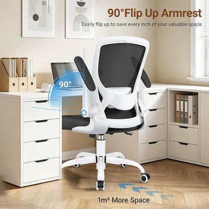 BESTFAIR Ergonomic Office Chair, Mesh Computer Chairs with Lumbar Support, Swivel Desk Chair with Flip-up Arms and Adjustable Height, White