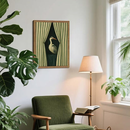 Framed Curtain Crane Canvas Wall ArtFramed Bird Wall Art, Elegant Heron Canvas Print, Vintage Coastal Bird Wall Decor, Abstract Heron Painting, Striped Curtain Picture Poster Artwork for Living Room Bedroom 16x24 inch