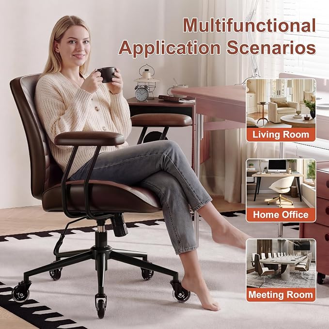 BFZ Home Office Desk Chair, Adjustable Comfy Office Chair with Wheels,Leather Office Chair with Removable Armrests, Office Desk Chair with Lumbar Support for Home Office or Workspace, Dark Brown