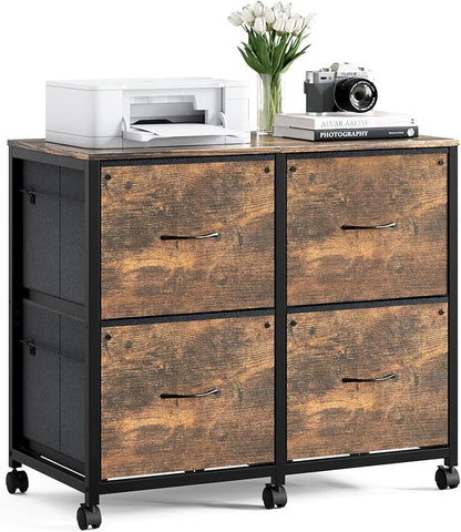 VINGLI 4 Drawer Mobile File Cabinet with Wheels Filing Cabinet Under Desk File Cabinet, Fabric Drawers Printer Stand for Home Office, Fits Letter Size, Rustic Brown