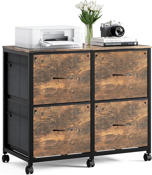 VINGLI 4 Drawer Mobile File Cabinet with Wheels Filing Cabinet Under Desk File Cabinet, Fabric Drawers Printer Stand for Home Office, Fits Letter Size, Rustic Brown