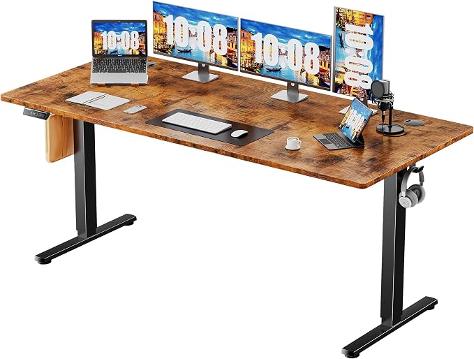 Sweetcrispy 63 Inch Electric Standing Desk, Height Adjustable Sit Stand Up Desk, Computer Workstation Home Office Gaming Rising Table with Memory Preset Splice Board, Rustic Brown