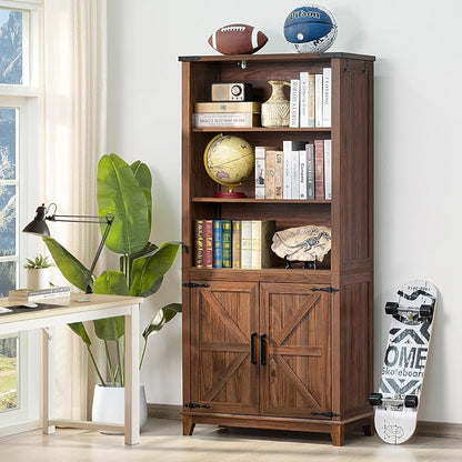 Joaxswe 70in Tall Bookshelf 5 Tier Bookcase with Barn Doors and Adjustable Shelves, Brown Farmhouse Book Shelf with Storage Cabinet, Wood Freestanding Display Bookshelves for Bedroom, Kitchen (2PCS)