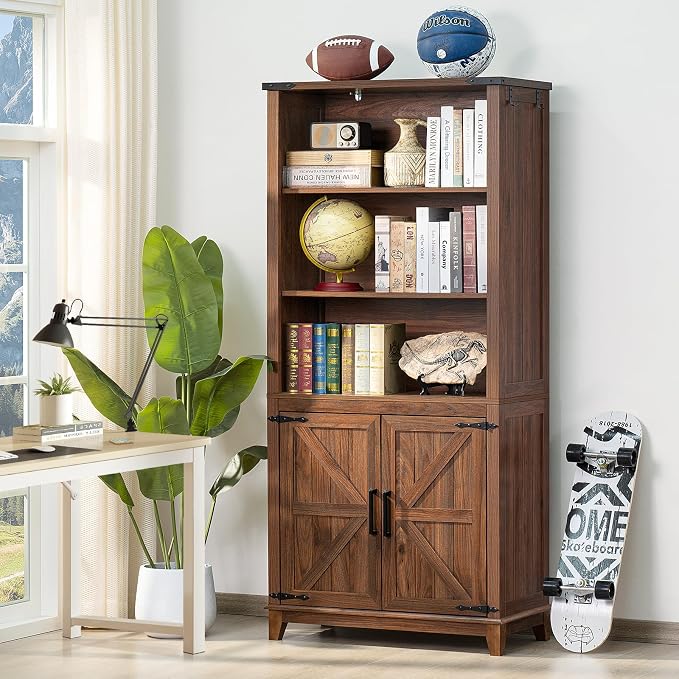 Joaxswe 70in Tall Bookshelf 5 Tier Bookcase with Barn Doors and Adjustable Shelves, Brown Farmhouse Book Shelf with Storage Cabinet, Wood Freestanding Display Bookshelves for Bedroom, Kitchen (3PCS)