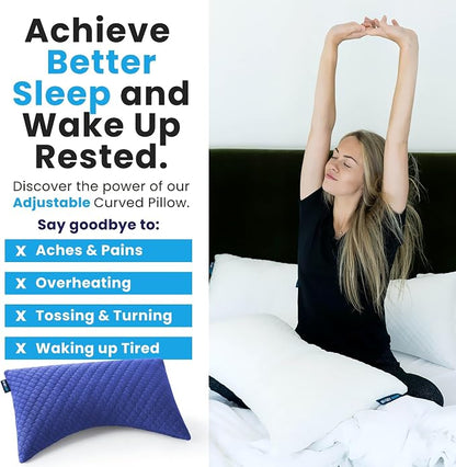 Sidney Sleep Adjustable Curved Pillows for Neck and Shoulder Support with Extra Shredded Fill - Cervical Contour Pillow for Side and Back Sleepers - Queen Size 19" x 29" - CertiPUR-US Certified (Blue)