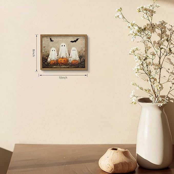 Framed Rustic Halloween Ghost Wall Art - Vintage Farmhouse Ghosts Pumpkins and Bats Canvas Print, Country Cottage Halloween Wall Decor for Living Room Bedroom, 8x10in Wood Frame