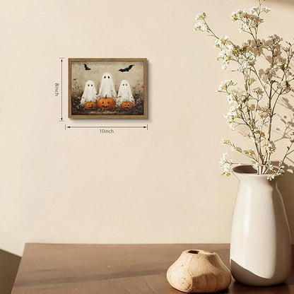 Framed Rustic Halloween Ghost Wall Art - Vintage Farmhouse Ghosts Pumpkins and Bats Canvas Print, Country Cottage Halloween Wall Decor for Living Room Bedroom, 8x10in Wood Frame