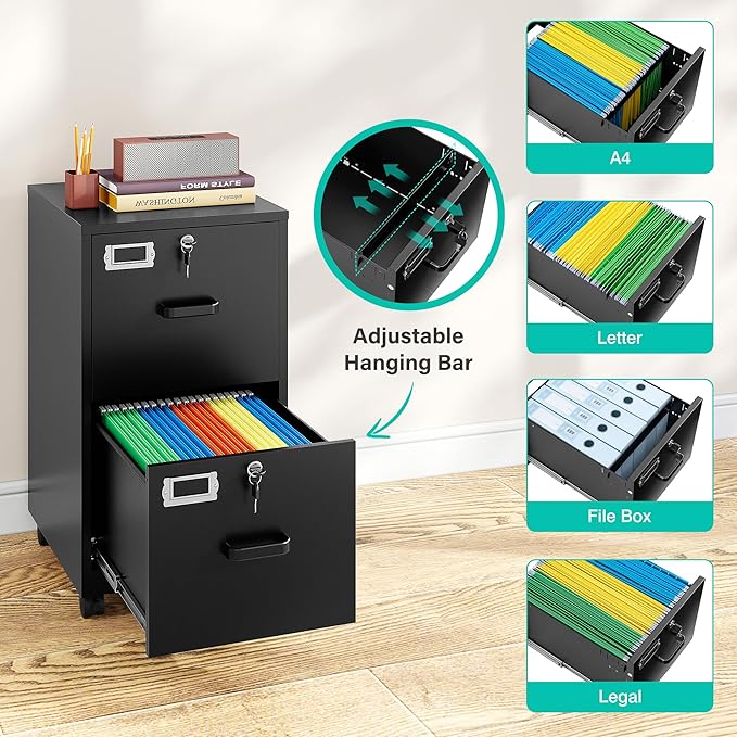 SISESOL 2 Drawer File Cabinet on Wheels,Metal Filing Cabinet with Lock,Black Rolling File Cabinets with Casters,Under Desk Office Cabinets for Home Office,Fit A4/Letter/Legal,Easy Assembly