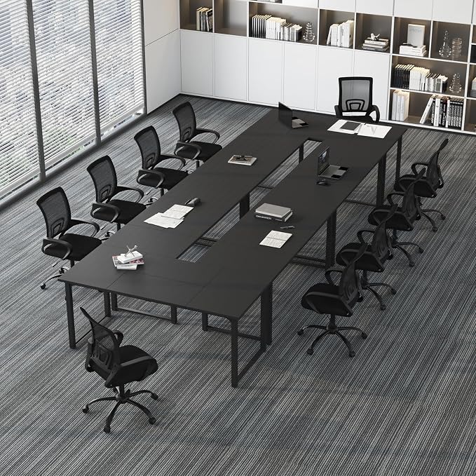 Bonzy Home 18FT Conference Table Set of 6, Modern Large Meeting Table Office Desks for 22 Person, Long Rectangle Table with Sturdy Metal Frame, 213" D x 64" W x 30" H, Black