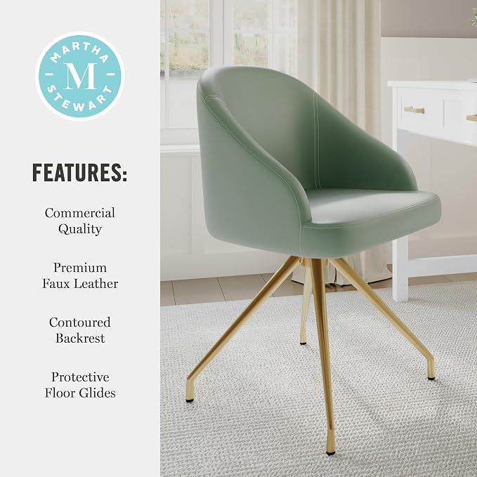 Martha Stewart Sora Stationary Swivel Task Chair with Sloped Arms for Home Office in Sage Faux Leather with Polished Brass Frame