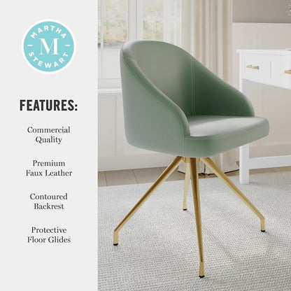Martha Stewart Sora Stationary Swivel Task Chair with Sloped Arms for Home Office in Sage Faux Leather with Polished Brass Frame