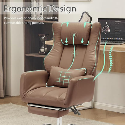 Ergonomic Cross Legged Office Chair with Footrest,Leather Big and Tall Executive Chair with Lumbar Pillow,Reversible Armrest for Pets,155° Reclining Computer Wide Desk Chair for Home,Office, Brown