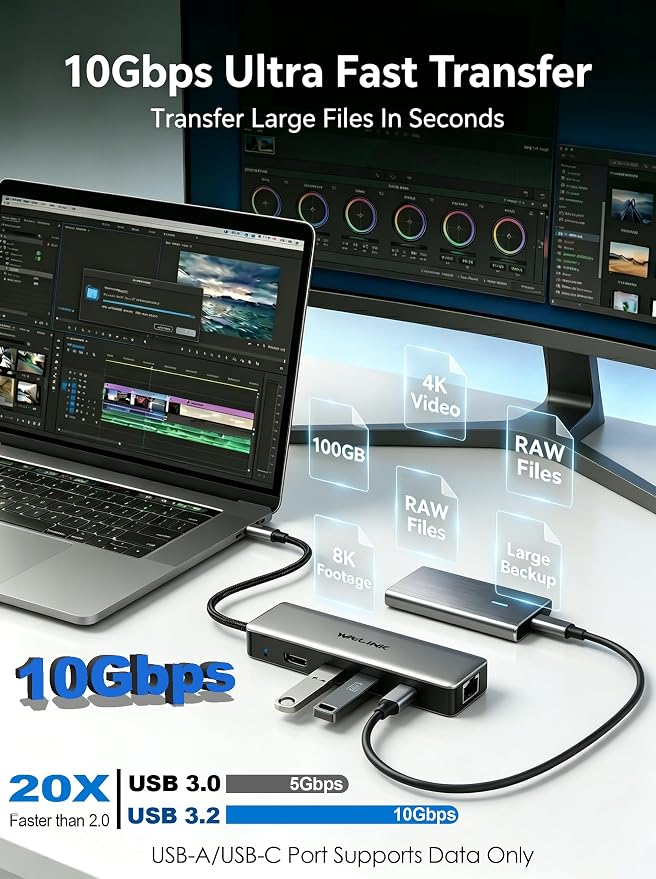 USB C Hub 2.5G Ethernet, WAVLINK 10Gbps USB C Hub Multiport Adapter with 2.5Gb RJ45 Ports, 4K@120Hz HDMI, 3 * 10Gbps USB-A/C, PD 85W, for MacBook Neo/Pro/Air, iPad, Acer, Dell, HP, Lenovo, Asus