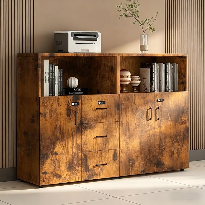 File Cabinet with Password Lock, Wood Lateral Filing Cabinet for Letter/A4 Files, 3 Drawer with Door, Printer Stand with Open Shelves for Home Office