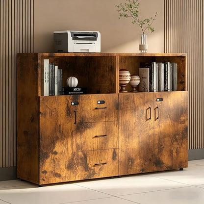 File Cabinet with Password Lock, Wood Lateral Filing Cabinet for Letter/A4 Files, 3 Drawer with Door, Printer Stand with Open Shelves for Home Office
