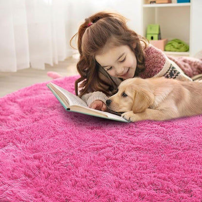 OLANLY Hot Pink Round Rugs for Bedroom - Machine Washable, 2 ft Circle Area Rugs for Living Room, Soft and Fluffy Shaggy Carpet for Teen Girls and Boys, Nursery Rooms, Dorms, Home Decor Aesthetic