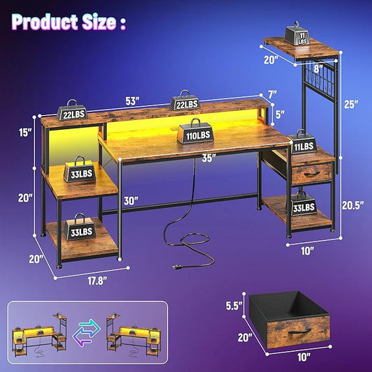 DurayLoly 63" Computer Desk with LED Lights & Outlets,Office Desk with Drawers & Monitor Stand,Gaming Desk with 3 Storage Shelves, Hooks& Printer Space for Game&Study Room,Home Office,Bedroom,Brown