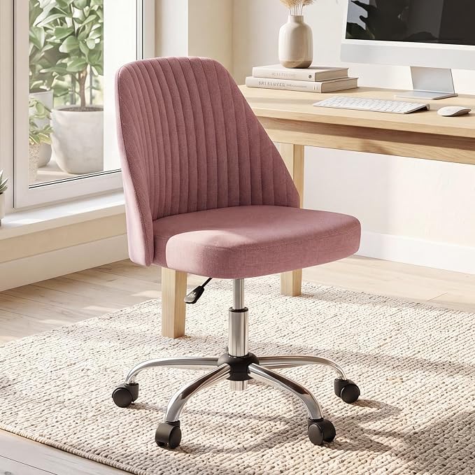 DUMOS Office Desk Chair, Modern Cute Rolling Vanity Swivel Task Seating with Wheels, Comfortable Back Seat Armless for Home, Bedrooms, Study, Student, Adults, Make-Up, Dressing Room Dusty Rose