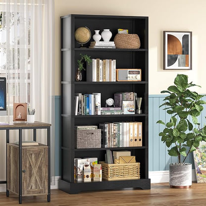 TVU 5-Tier Wooden Bookshelf, 65" Tall Farmhouse Style Open Bookcase, 31.5" W Standing Book Shelf with Storage, Suitable for Study, Living Room, Office, Blcak